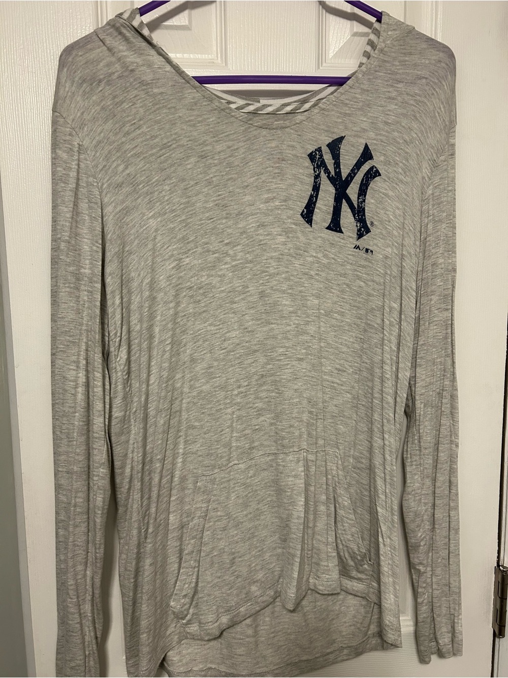 Majestic Gray Long-Sleeve Hooded Tee with Navy NY Logo
